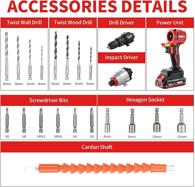 Cordless Drill and Impact Driver, Electric Drill and Impact Driver Combo Kit with 3/8-inch Electric Drill and 1/4-inch Impact Driver with 2 * 1.5A Batteries