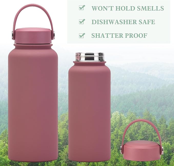 Smoky Pink 32 OZ Insulated Water Bottle, Large Metal Insulated Stainless Steel Water Flask, Big Sports Travel Water Bottle with 2 Lids, Insulated Thermos Thermal Mug Cup