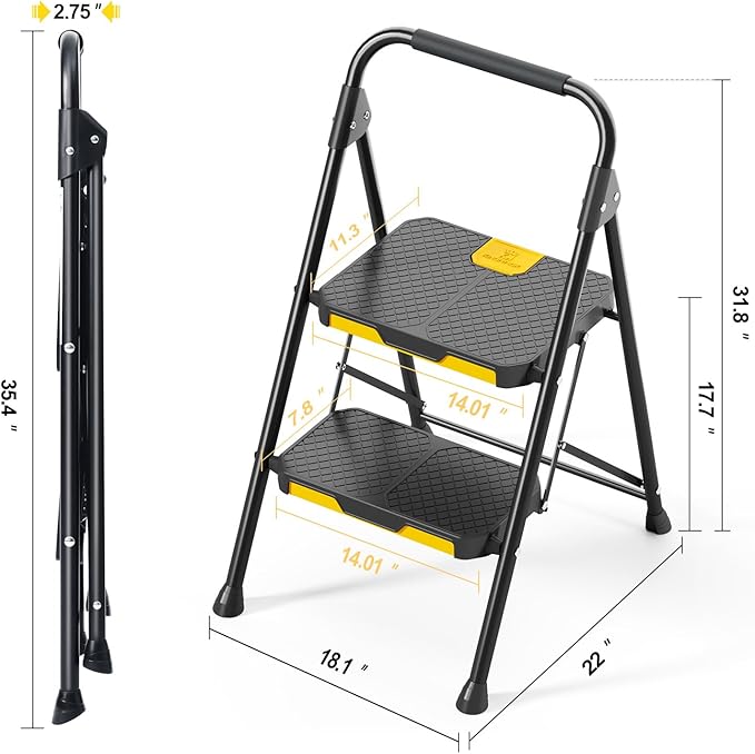 KINGRACK 2 Step Ladder, Sturdy Steel Step Stool with Safe-Lock Design, Handrail, Anti-Slip Wide Pedals, Pass 800lbs Load Testing, Folding Portable Ladder for Multi-Purpose, Home, Kitchen, Black