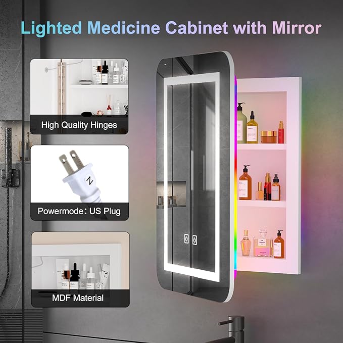 Recessed Medicine Cabinets for Bathroom Medicine Cabinet with Mirror,RGB LED Medicine Cabinet with Lights,3-Color Lighted Medicine Cabinets Wall Mounted,Bathroom Mirror with Storage 16x24