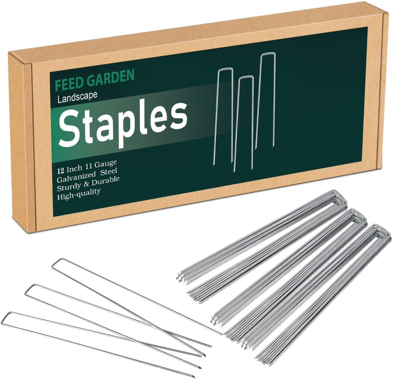 FEED GARDEN 12 Inch 50 Pack Galvanized Landscape Staples 11 Gauge Anti-Rust Garden Stakes Landscaping Fabric SOD Pins Yard Stakes for Weed Barrier Fabric