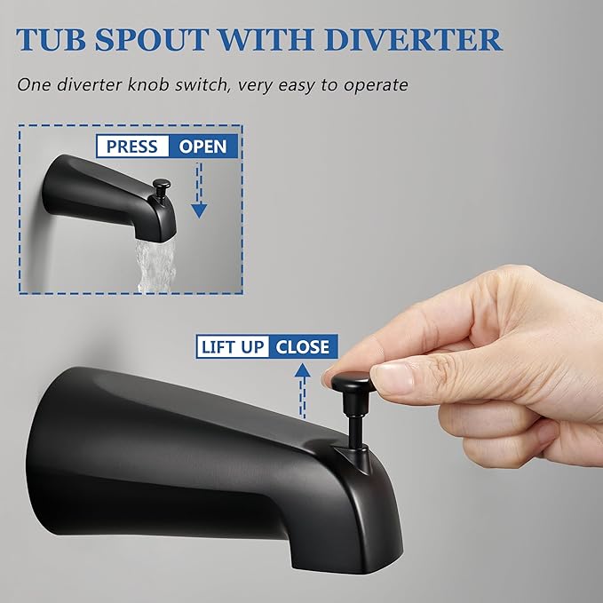 Tohlar Black Shower Faucet Set with Valve, 6-Inch Rain Shower Head and Faucet Combo, Single Handle Tub and Shower Trim Kit with Tub Spout, Matte Black