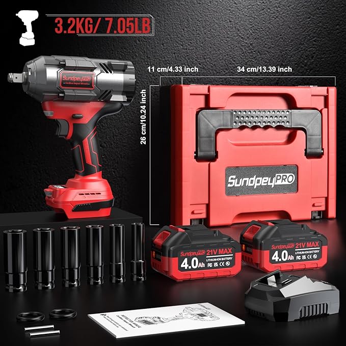 Cordless Impact Wrench 1107Ft-lbs(1500N·m) - 1/2" 21V High Torque Brushless Power Impact Gun with 2x4.0Ah Batteries & 6 Sockets & Fast Charger & Case for Car & Truck & RV & Heavy Duty Use