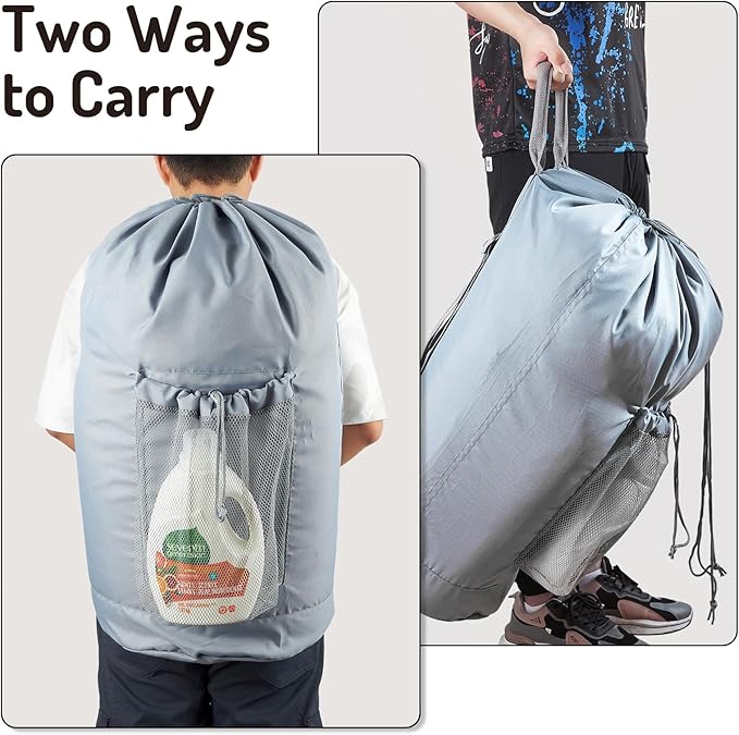 Backpack Laundry Bag, Large Laundry Backpack with Detergent Holder and Adjustable Shoulder Straps for College Travel Dorm Room (Gray)