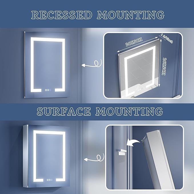 ExBrite Lighted Medicine Cabinet with Mirror, 20 x 26 Inch, Recessed or Surface led Medicine Cabinet, Defog, Stepless Dimming,Color Temperature Change,2 Outlets,Built-in 6000K Sensor Light,Left Hinge