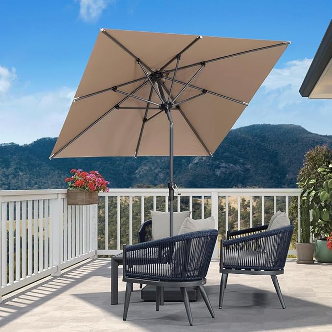 PURPLE LEAF 6.5' x 6.5' Square Patio Umbrella Outdoor Table Umbrella Aluminum Frame Market Umbrella Sun Umbrella with 8 Sturdy Ribs Tilt for Garden Deck Lawn Pool Light Taupe