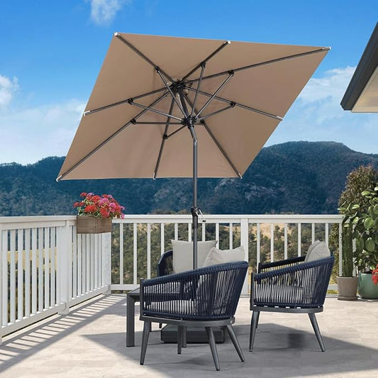 PURPLE LEAF 6.5' x 6.5' Square Patio Umbrella Outdoor Table Umbrella Aluminum Frame Market Umbrella Sun Umbrella with 8 Sturdy Ribs Tilt for Garden Deck Lawn Pool Light Taupe