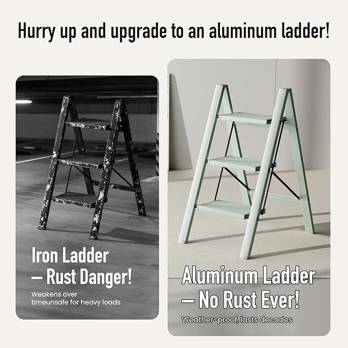 3 Step Ladder,Aluminum Folding Step Stool for Adults,Step Ladder with Wide Anti-Slip Pedal,330 lbs Capacity for Home,Office,Kitchen,Library(Green)