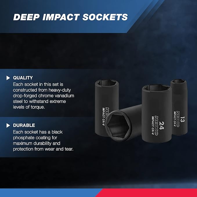 Neiko 02475A 1/2" Drive Deep Impact Socket Set, 14 Piece | 6 Point Metric Sizes (11-32 mm) | Cr-V Steel