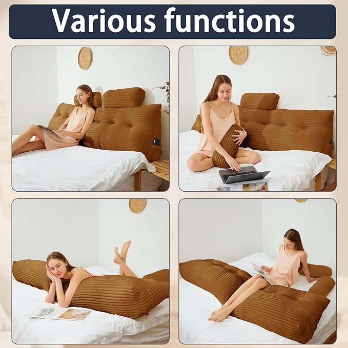 Headboard Wedge Pillow with 2 Pack Neck Roll Pillow Large Headboard Pillow Soft and Supportive Bed Rest Reading Pillows for Sitting in Bed with Removable Cover (Brown, Queen:59x8x20 Inches)