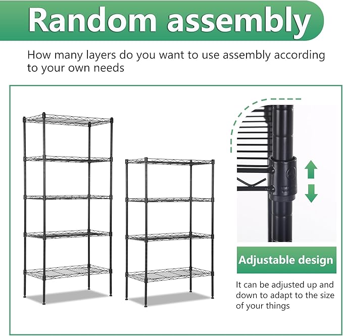 BestOffice | 5-Tier Wire Storage Shelves | 22x12x48 | Black | with Adjustable Racks | Heavy-Duty Metal Shelf, Holds Upto 750 lbs | No-Tool Assembly | Ideal for Home & Garage Shelving