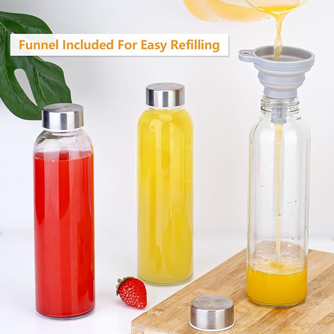 Glass Juice Bottles with Lids for Juicing 18 oz, Reusable Clear Glass Water Bottles with Stainless Steel Airtight Cap for Refrigerator, 100% Leak Proof, BPA Free, Set of 10