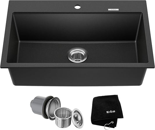 KRAUS Quarza 31-inch Drop-In/Undermount Single Bowl Granite Kitchen Sink in Black Onyx, KGD-412B