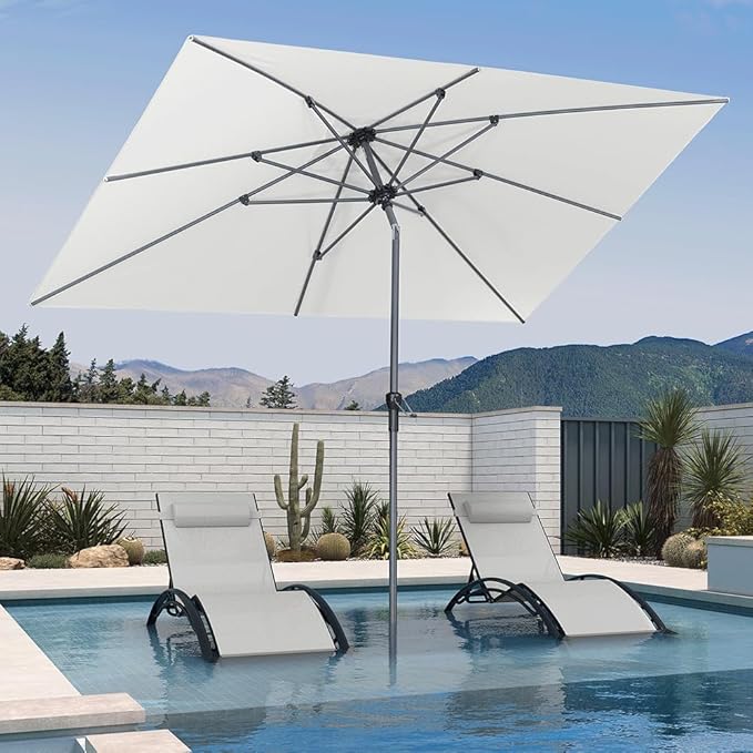 PURPLE LEAF 9' x 6' Rectangular Patio Umbrella Outdoor Table Umbrella Aluminum Frame Market Umbrella Sun Umbrella with 8 Sturdy Ribs Tilt for Garden Deck Lawn Pool White