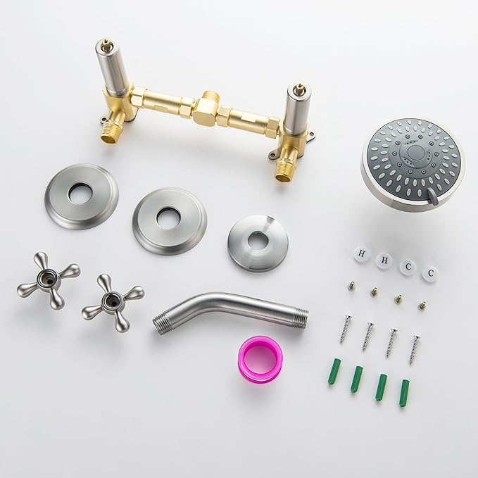 2 Handle Shower Faucet, Two Handles Shower Faucet Set with 5 Modes Rainfall Shower Head 2 Knobs Single Function Shower Trim Kit with Brass Rough-in Valve, Brushed Nickel