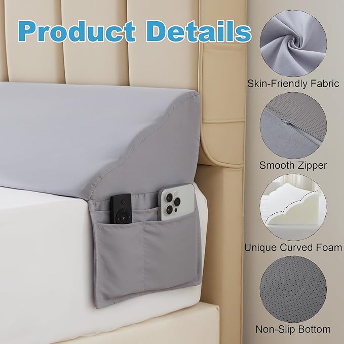 Queen Bed Wedge Pillow for Headboard, Foam Pillow Wedge for Headboard Gap, Mattress Bed Gap Filler Queen, Triangle Pillow Wedge, Anti-slip Bed Crack Pillow Space Filler Queen (60"×10"×6") Grey