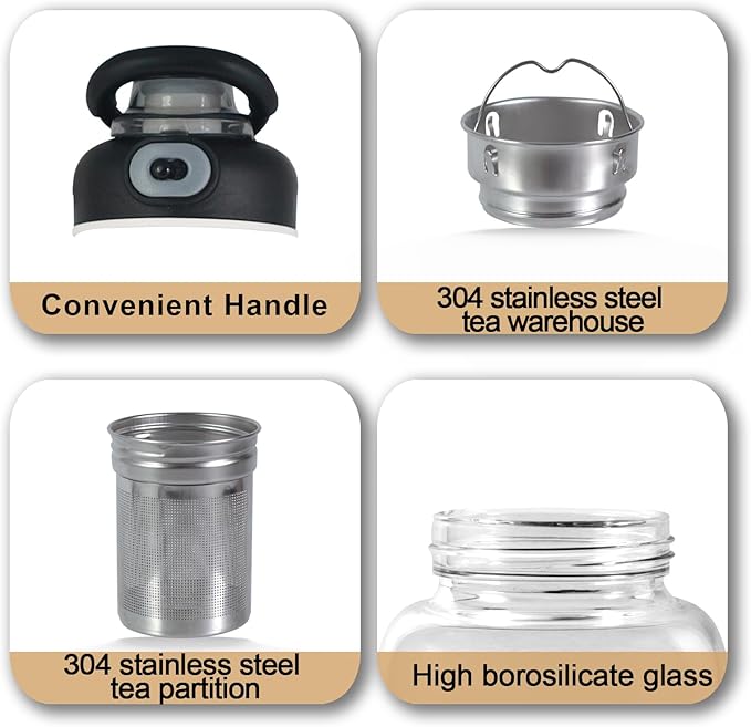 Borosilicate Glass drinking bottles,With Capacity Marker Water Bottle, 34oz Capacity, With Leak-Proof Lid, Stainless Steel Tea Strainer, BPA-Free For hot or cold drinks, coffee, tea and water