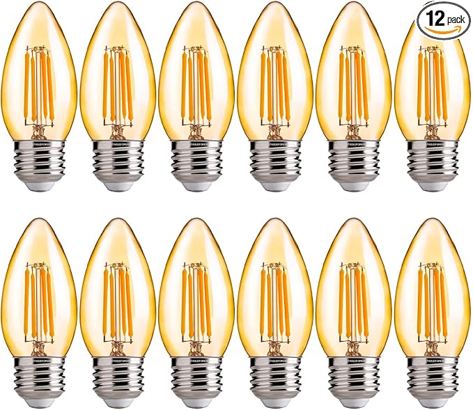 FLSNT 40W Equivalent LED Chandelier Light Bulbs, Dimmable Amber LED B11 E26 Candelabra Base Bulbs, 2200K Warm White, 330LM, 12 Pack UL,CA65 Listed.