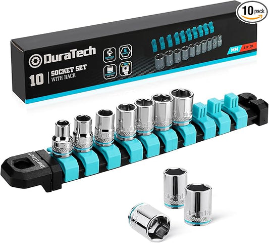 DURATECH 3/8" Drive Socket Set, Metric Socket Set 10PCS, Mechanic Metric Socket Sets with Storage Rack, 6-Point Shallow Socket Set, 8mm, 10mm, 11mm, 12mm, 13mm, 14mm, 15mm, 16mm, 17mm, 19mm