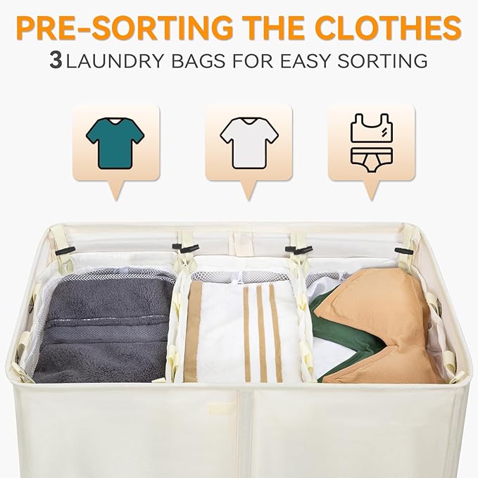 WOWLIVE Laundry Hamper with Lid,180L Large Laundry Basket 3 Section with Removable Washing Bags,Collapsible Waterproof Dirty Clothes Hamper for Laundry Room Bathroom Dorm,Beige