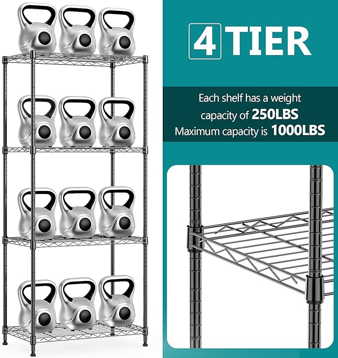 IZEUK 4-Tier Black Steel Storage Shelves, Heavy Duty Utility Wire Rack Organizer for Kitchen, Office, Home, 1000 lbs, 13.7" D x 23.6" W x 53.4" H