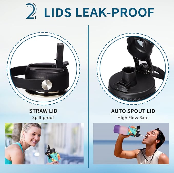 Stainless steel Water Bottle 40OZ - with Straw & Spout Lids, Paracord Handle, Shoulder Carrier Bag, Vacuum Insulated Water Jug, Leak Proof Metal Waterbottle for Sports Gym Yoga Workout Travel Hiking