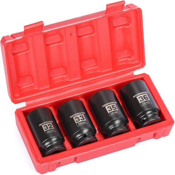 MIXPOWER 4-Piece 1/2'' Drive Deep Impact Socket Set, 6 Point, CR-MO,Metric,32,33,35,36mm, Spindle Axle Nut Impact Socket Set
