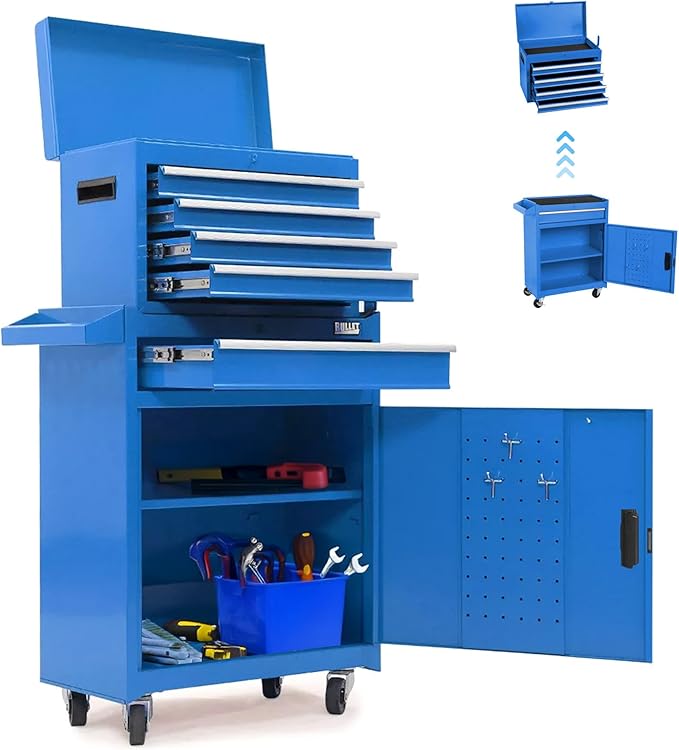 Tool Chest 5 Drawers Garage Storage Cabinet 2 in 1 Steel Frame Tool Chest with Wheels, Protective Liner, Detachable Top and Adjustable Shelf, Tool Box for Garage Workshop, Blue