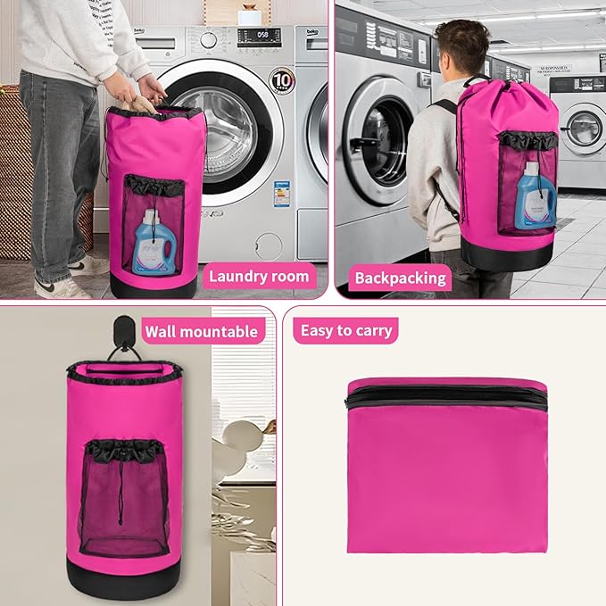Laundry Bag Backpack with Shoulder Straps and Mesh Pocket Foldable Laundry Hamper for College, Apartment, Laundromat (Pink)
