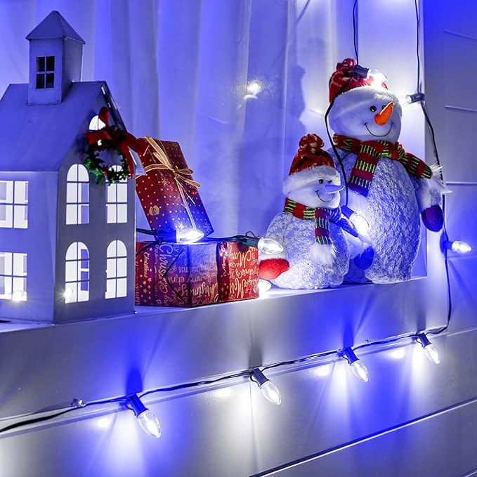 Brightown 25 Pack C9 LED Christmas Light Bulbs, Blue and Pure White Plastic C9 Shatterproof LED Bulbs Replacement for Christmas String Lights, E17 Intermediate Base