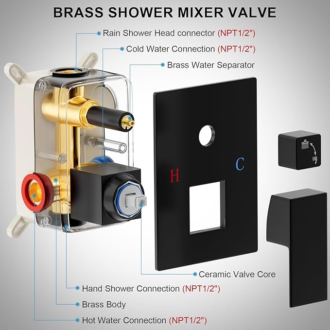 Black Shower Faucet Set, Rainfall Shower System with Square Shower Head and Handle Set, Wall Mounted Shower Fixtures, Shower Valve and Trim Kit 12 inch Matte Black