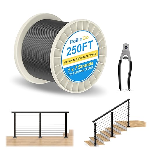 250 Ft Black Wire Rope with Cutter, 1/8" T316 Stainless Steel Aircraft Cable for Deck Railing, 7x7 Strands Marine Grade Cable for Indoor Outdoor Stair Railing Fencing, Cable Railing Kit, RG10