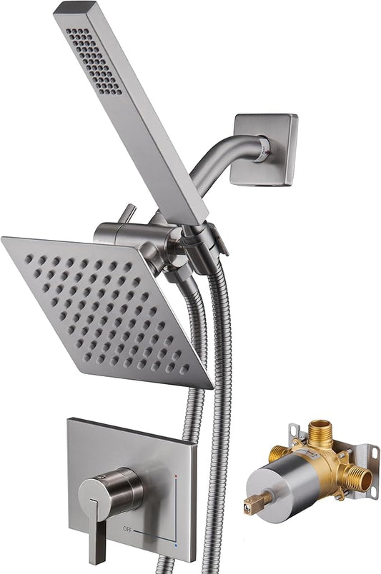 Shower Faucet Set Dual Shower Heads with Handheld Spray Combo, All Metal 6" Dual Shower Head Combo and 3-Way Diverter, Shower Faucet Set with Valve