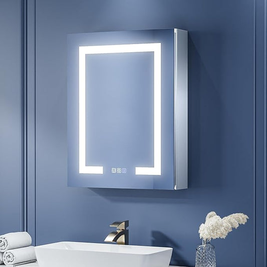 ExBrite Lighted Medicine Cabinet with Mirror, 20 x 26 Inch, Recessed or Surface led Medicine Cabinet, Defog, Stepless Dimming,Color Temperature Change,2 Outlets,Built-in 6000K Sensor Light,Right Hinge