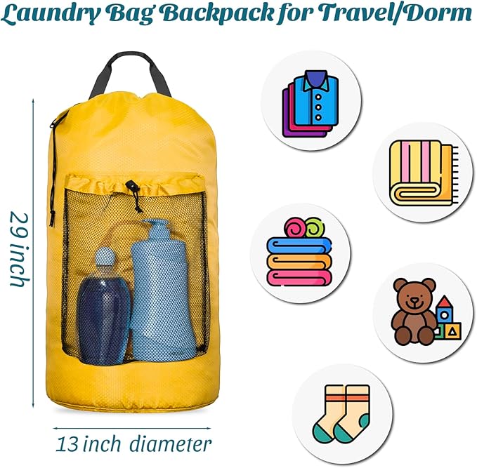 Large Laundry Backpack with Mesh Pocket & Adjustable Shoulder Straps, Yellow