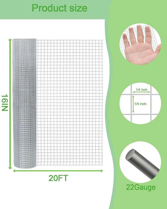 Hardware Cloth 16in x 20ft 1/4 Inch 22 Gauge, Hot-Dipped Galvanized Welded Wire Mesh, Low Carbon Steel, Animal Cage Wire Netting, Garden Wire Mesh