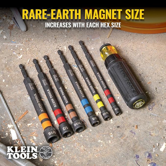 Klein Tools 80182 Ratcheting Impact-Rated Hollow Power Nut Driver Set with Handle, Magnetic, 6 SAE Hex Sizes plus Zipper Canvas Tool Bag, 12.5 x 7 x 0.7-Inch 8-Piece