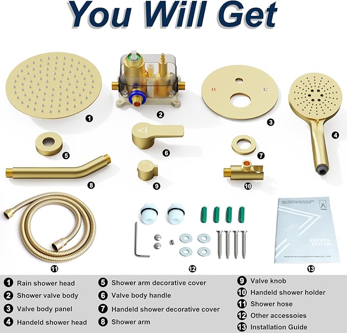 Shower Faucet Set Brass 10IN Rough-In Valve Body Trim Kit Rainfall Included Handle Accessories Complete 2 Functions with Rain Head and Handheld Bathroom Systems (10'', Brushed Gold)