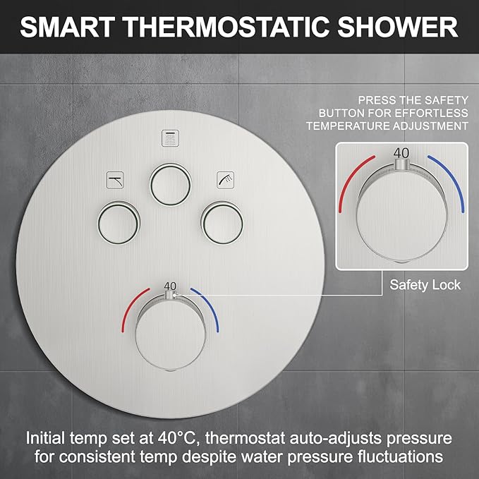 KOJOX Brushed Nickel Thermostatic Shower System, Push Button Diverter Shower Faucet Set with 12" Ceiling Mount Rain Shower, 8" Wall Mount Shower Head, and 3-in-1 Handheld Spray