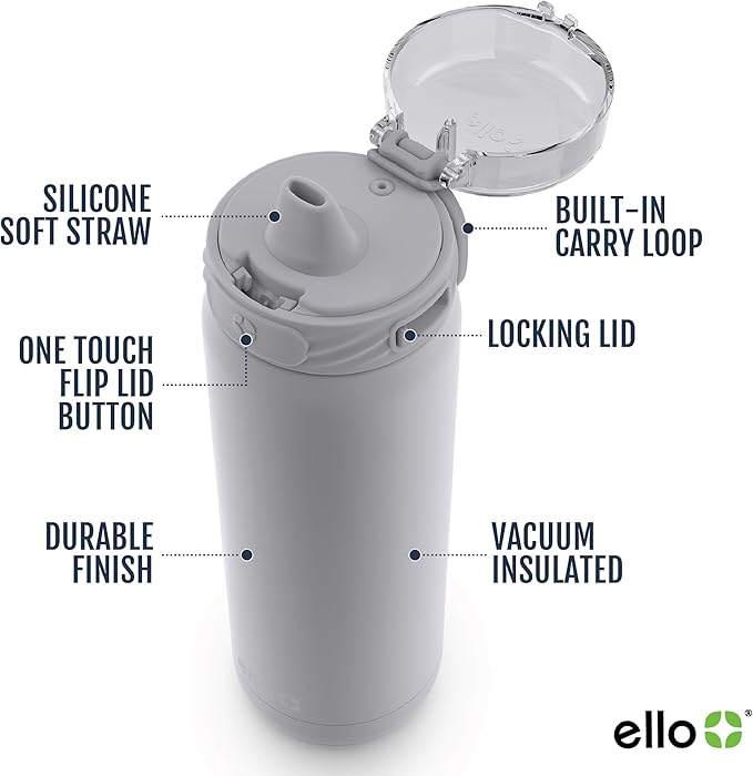 Ello Cooper 22oz Stainless Steel Water Bottle with Straw and Carry Handle, Double Walled and Vacuum Insulated Metal, Leak Proof Locking Lid with Soft Silicone Spout, Reusable, BPA Free, Grey