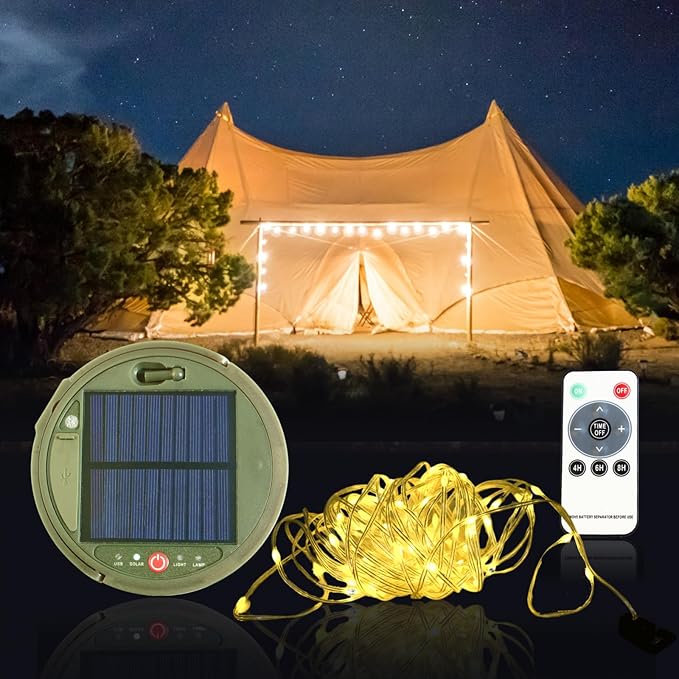 Solar Camping String Lights, 2 in 1 Solar Battery String Light Lantern Waterproof 39.4ft 8 Modes, Solar String Lights for Camping 3600mAh Rechargeable String Lights