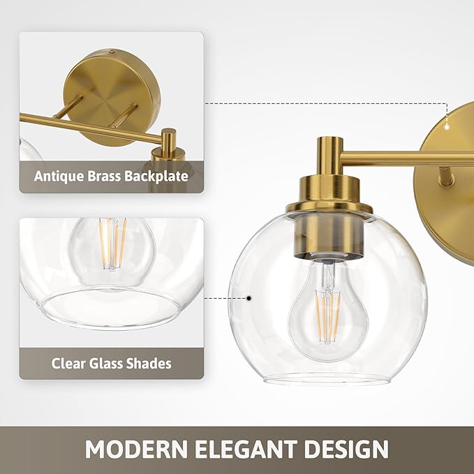 VONLUCE Bathroom Light Fixtures, 2-Light Vanity Light with Globe Glass Shades E26 Sockets, Bathroom Lights Over Mirror for Bedroom Hallway Living Room, Gold Finish