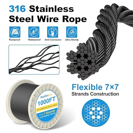 1000FT 1/8" Wire Rope with Cutter, 316 Stainless Steel Wire Cable for Deck Stair Railing, 7x7 Strands Marine Grade Aircraft Cable, 1850lbs Breaking Strength, Black Cable Railing Kits, RG10