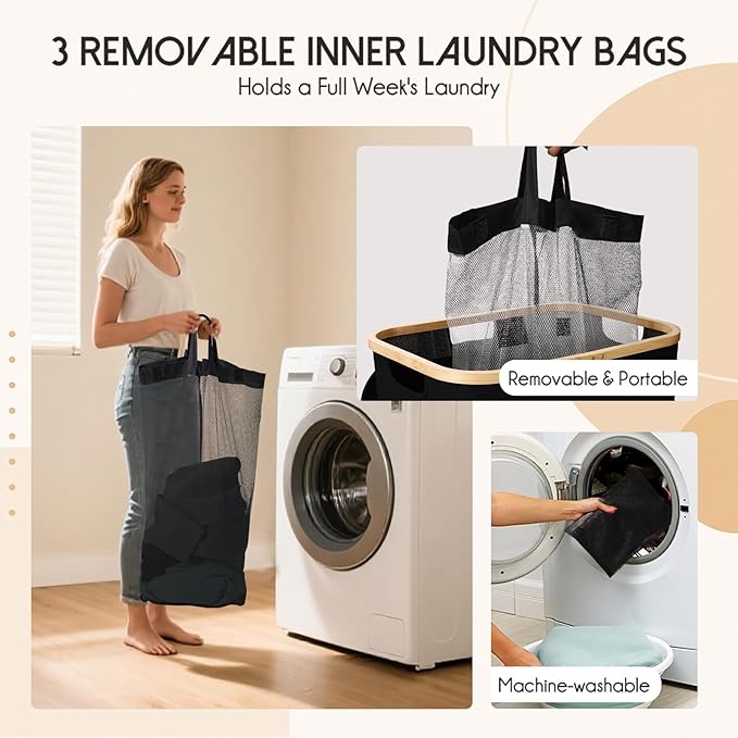 160L Laundry Sorter Hamper with Lid, 3 Section Extra Large Dirty Clothes Basket with Handles, 3 Removable Liner Bags & Labels, Black