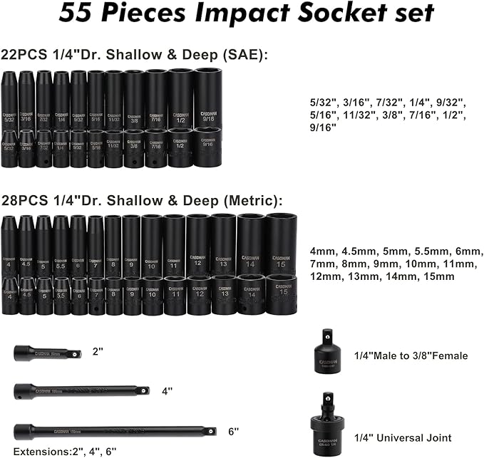 CASOMAN 55PCS 1/4-Inch Drive Impact Socket Set, Shallow & Deep, 5/32 Inch - 9/16 Inch, 4mm - 15mm, Metric/SAE, 6-Point, Cr-V Steel Socket Set
