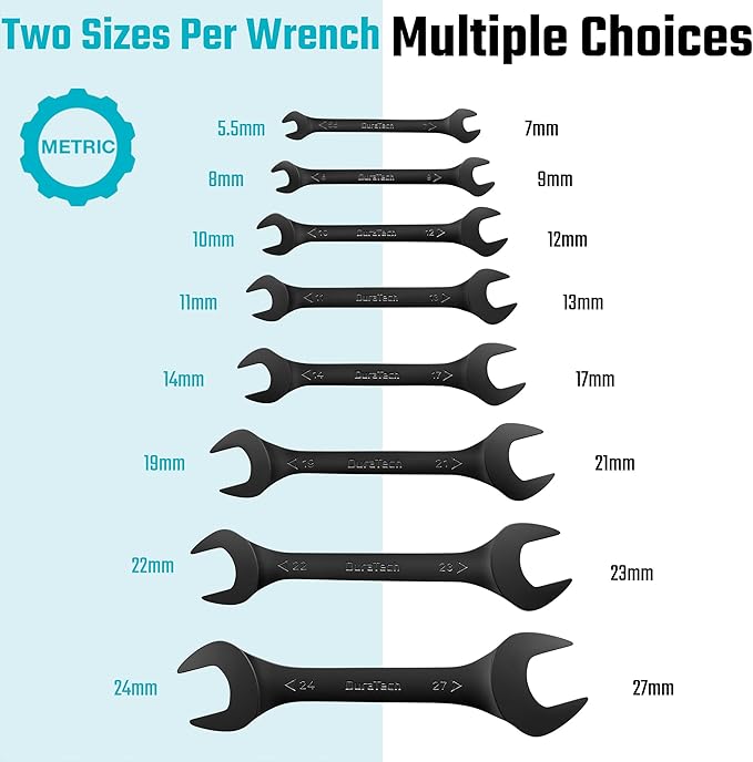 DURATECH Super-Thin Open End Wrench Set, Metric, 8-Piece, 5.5mm to 27mm, Black Electrophoretic Coating, with Rolling Pouch
