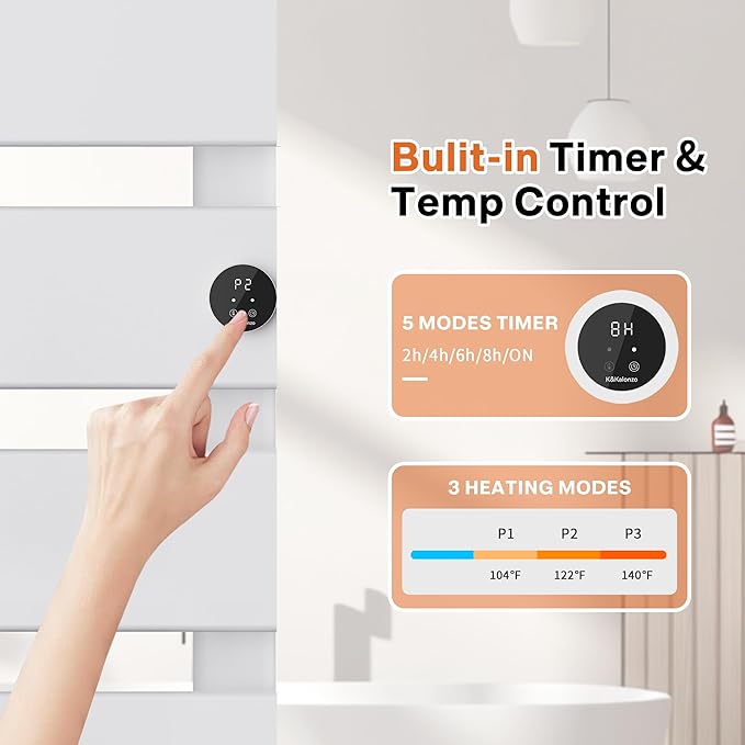 K&KALONZO Electric Towel Warmer, 18.35" W x 31" H Wall-Mounted Towel Heater with Built-in Timer, Waterproof Aluminum Towel Warmer for Bathroom, Support Plug-in and Hardwired, White, K4-R-W