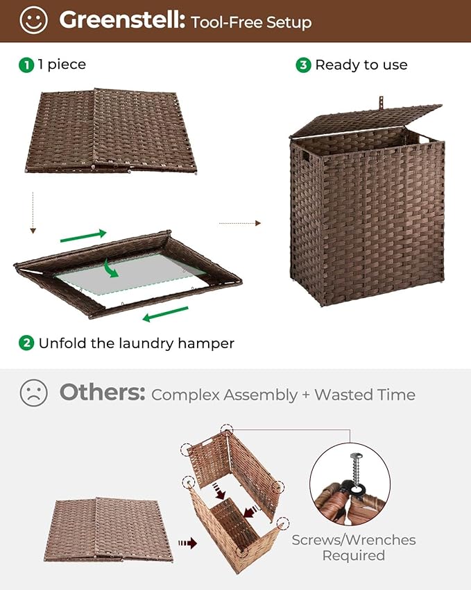 Greenstell Laundry Hamper with lid, No Install Needed, 110L Wicker Laundry Baskets Foldable 2 Removable Liner Bags, 2 Section Clothes Hamper Handwoven Rattan Laundry Basket with Handles, Brown