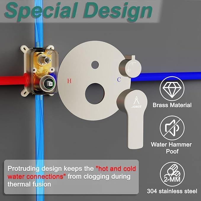 Shower Faucet Set 12IN Brass Rough-In Valve Body Trim Kit Rainfall Included Handle Accessories Complete 2 Functions with Rain Head and Handheld Bathroom Systems (12'', Brushed Nickel)