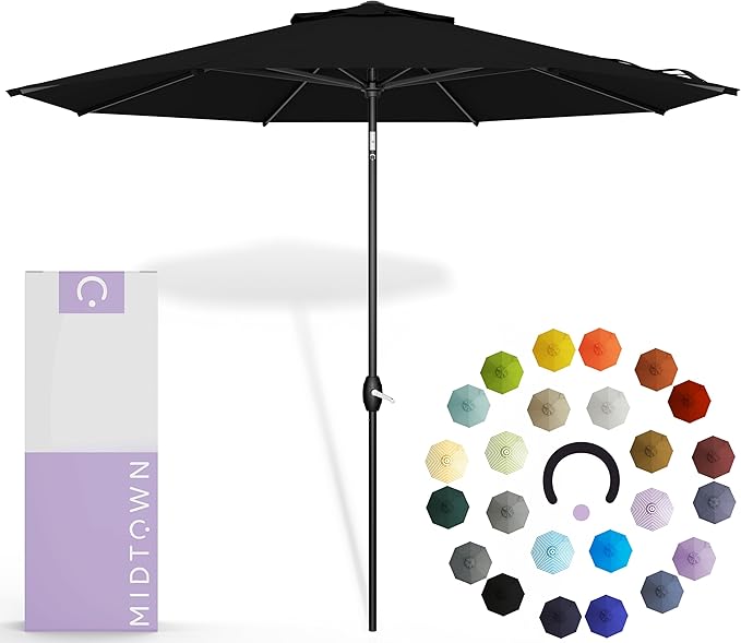 Midtown Umbrellas 10-Year-No-Fade - 10 Ft - UV Proof Ebony Black Polyester Fabric - Umbrella Outdoor Patio, Aluminum Frame Large Patio Umbrella for Garden, Pool & Deck - Black Pole